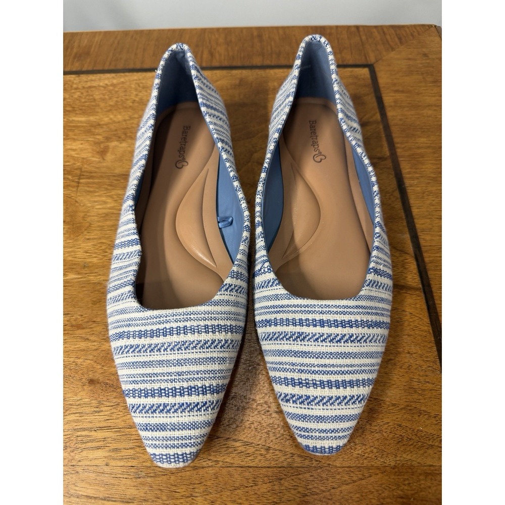 Baretraps 7 Rhonda pointed toe ballet flats in a blue and white striped fabric
